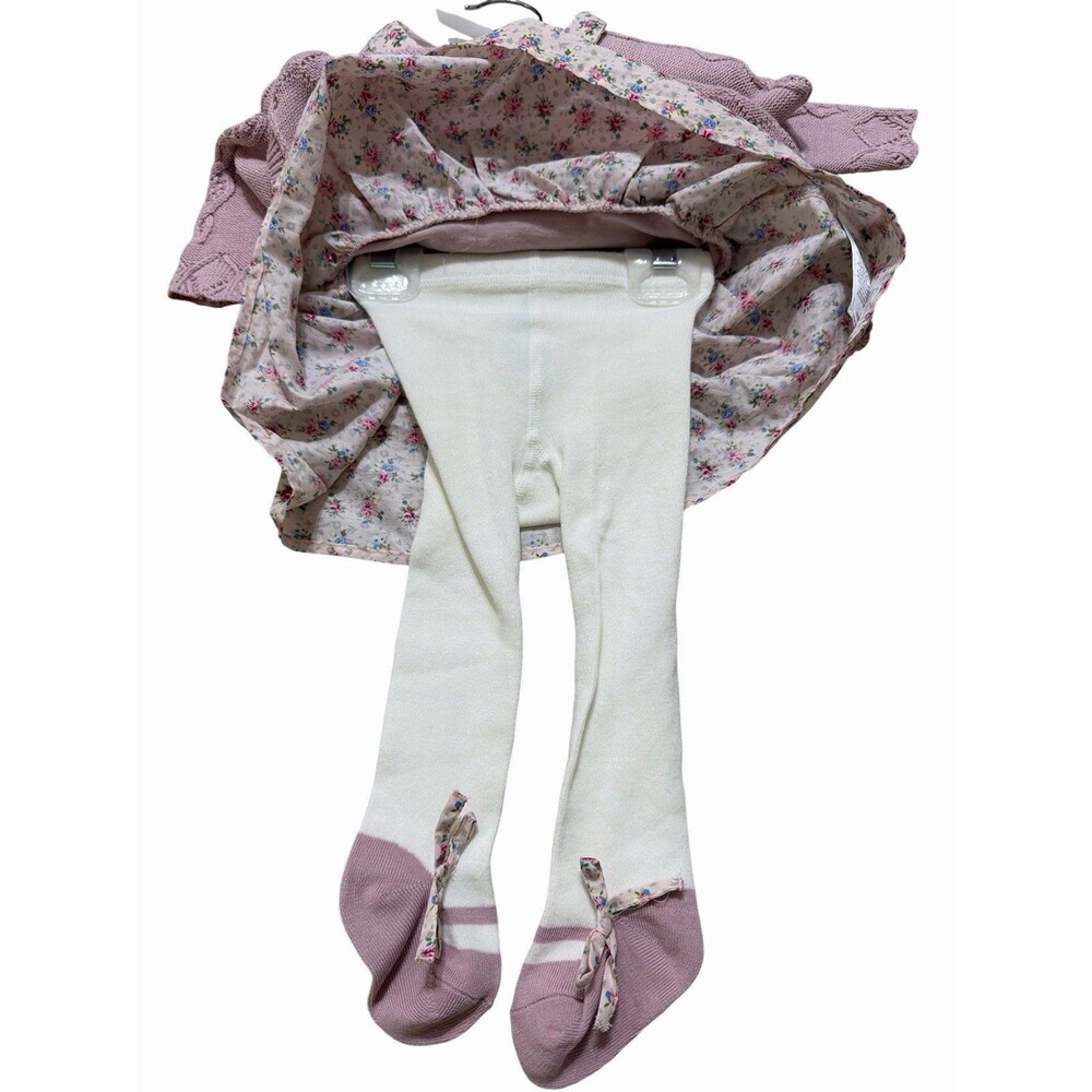 Shabby Chic Sweater Knit Dress Set Baby 0-3 Months Pink Tights Cottagecore - Picture 4 of 6